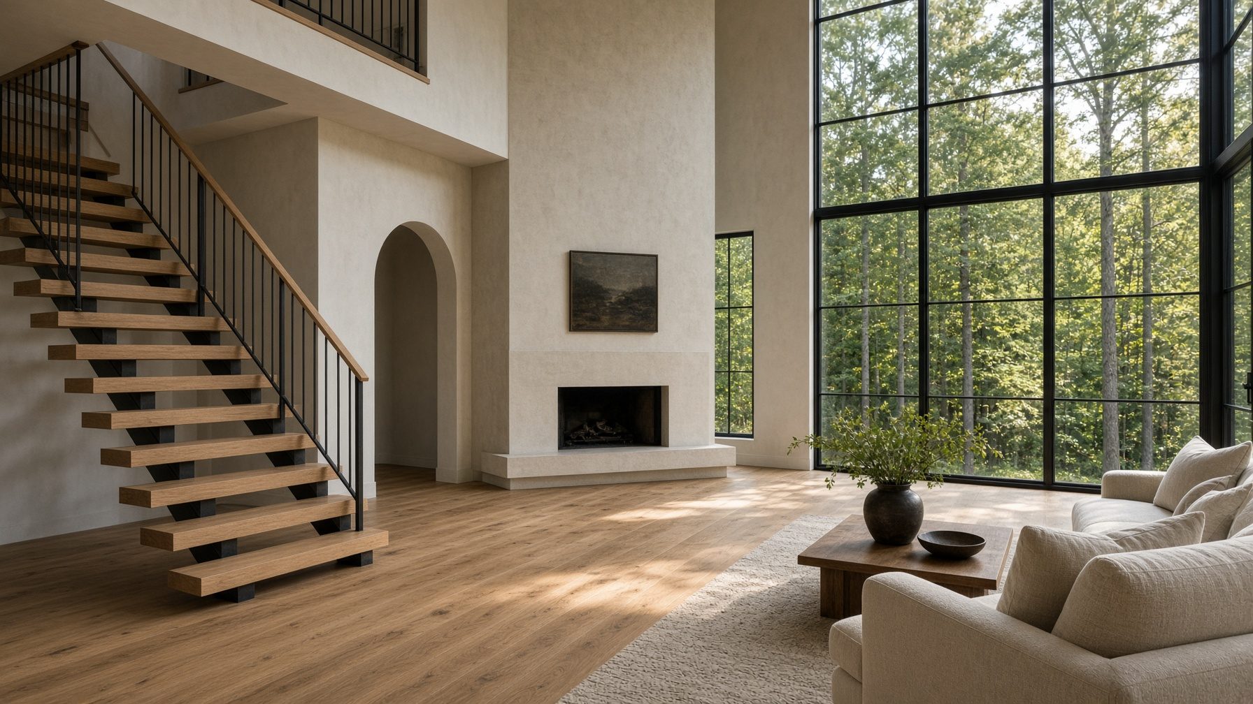Great room of a New Oak custom home with forest light