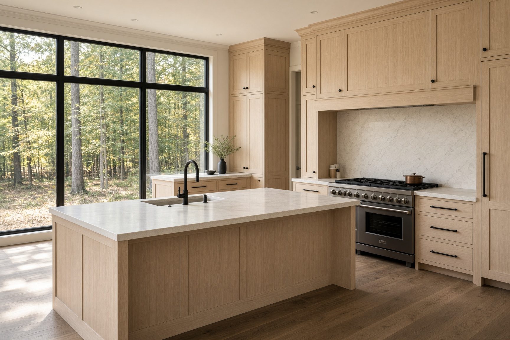 Kitchen of a New Oak custom home — millwork and light sized to the budget